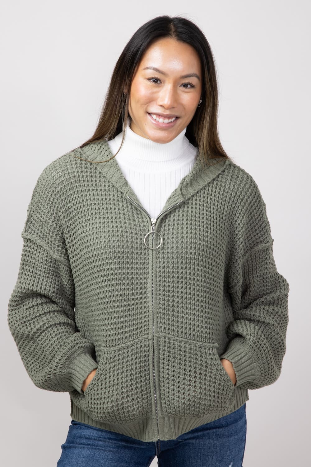 Miracle Textured Hooded Zip Sweater for Women in Sage