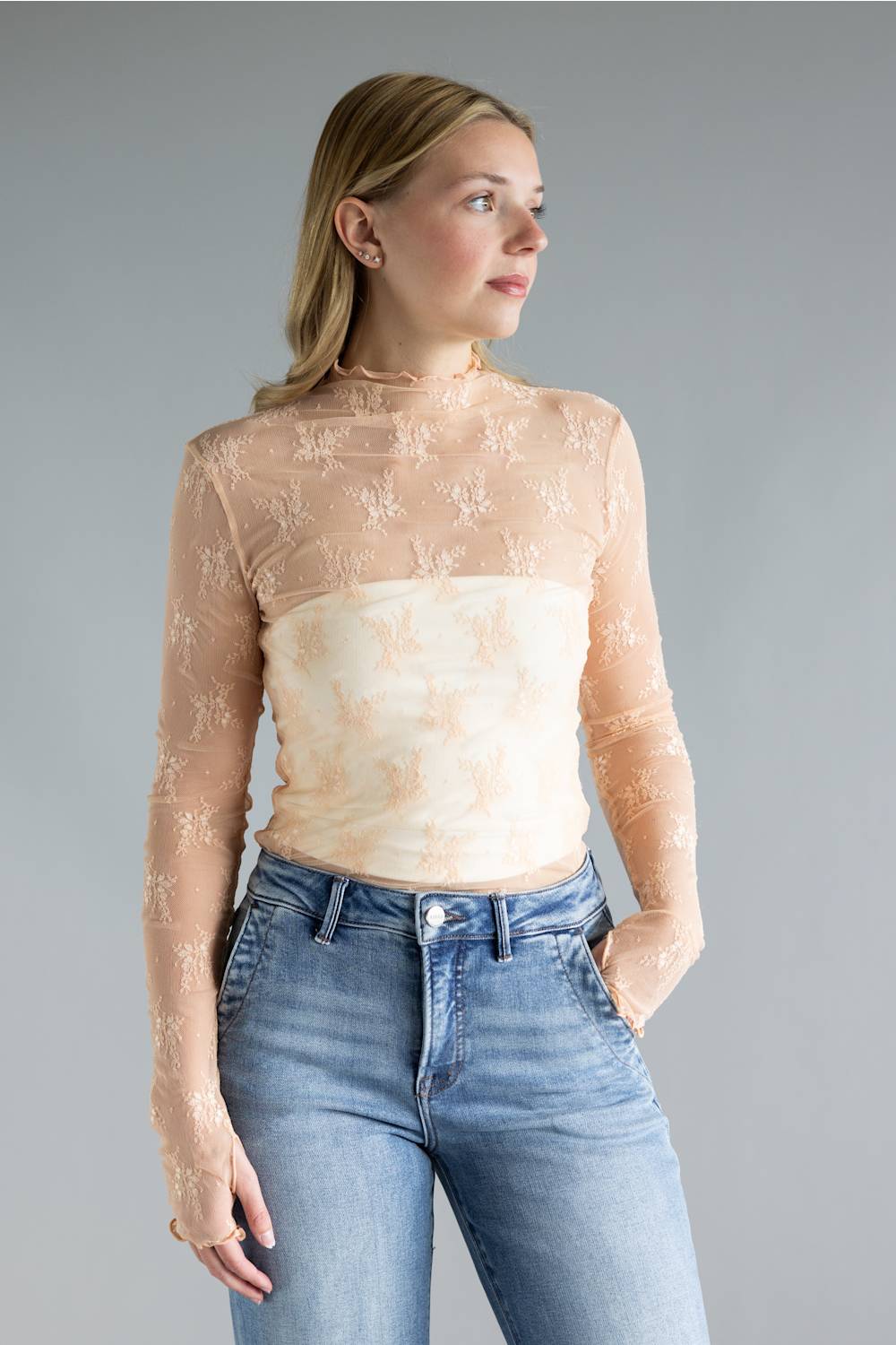 Mock Neck Lace Layering Top for Women in Blush Pink