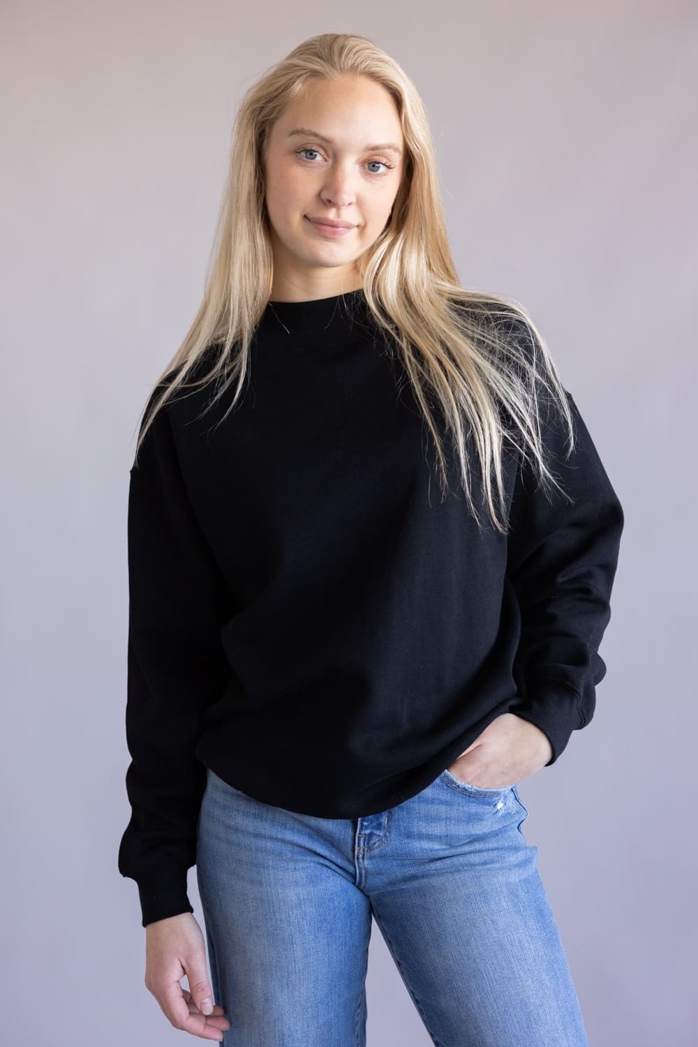 Mock Neck Oversized Fleece Pullover for Women in Black