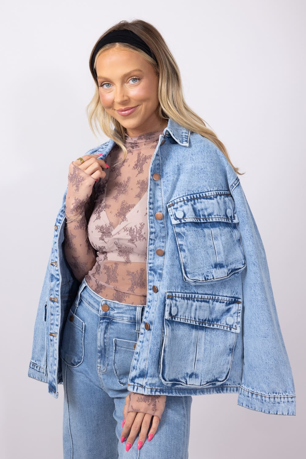 Multi Pocket Denim Jacket for Women | RJK-9358-BLUE – Glik's