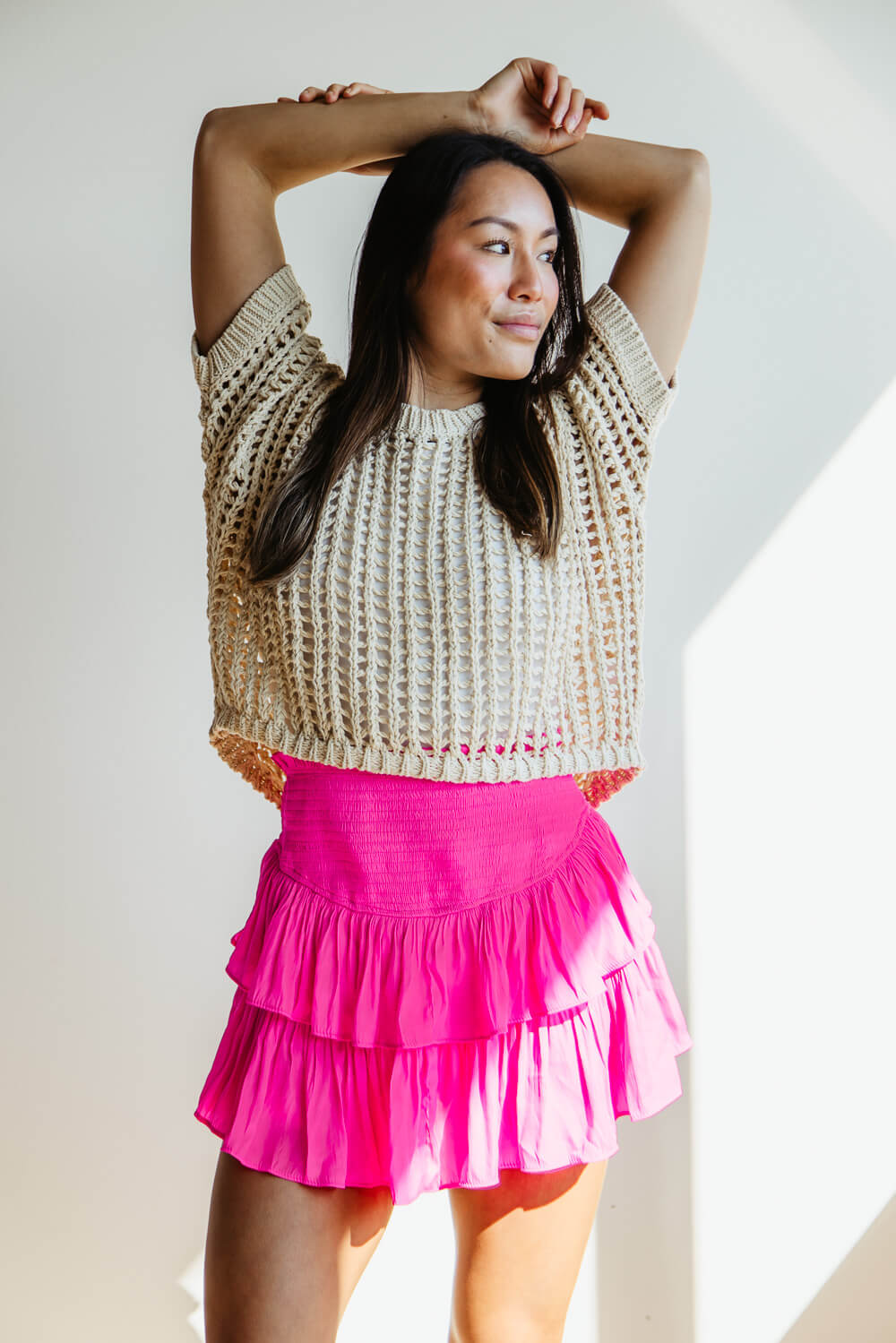 Smocked Waist Ruffled Skort for Women in Pink | S16369-HOTPINK – Glik's