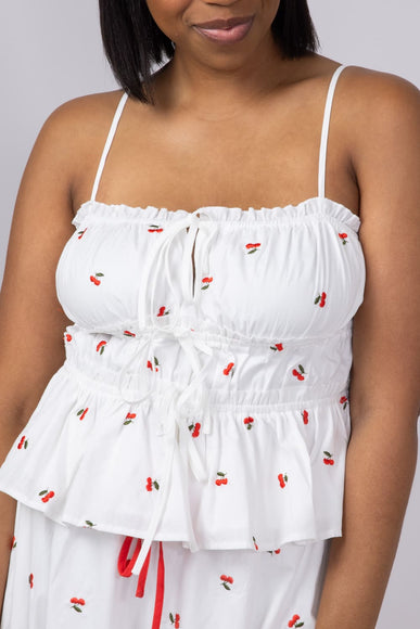 Cherry Embroidered Ruching Tie Front Cami Top for Women in White