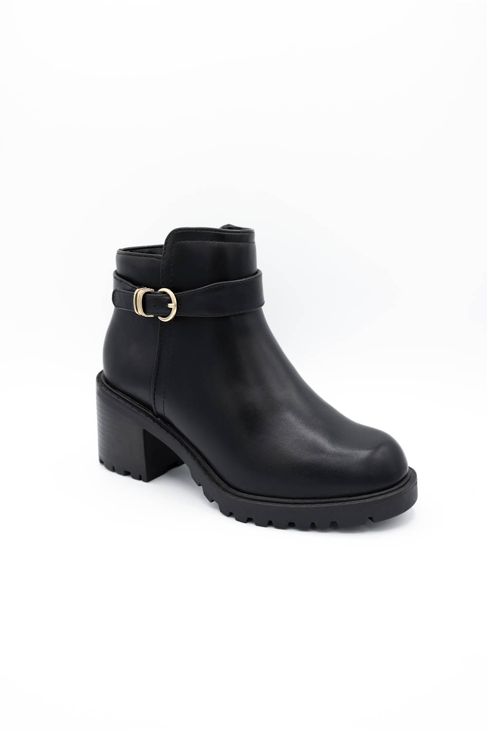 A pair of black leather ankle boots with chunky block heels, featuring a decorative strap with gold-tone buckles on the outer side and a side zipper, shown against a plain white background.

