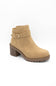 A tan suede ankle boot with a brown block heel, a matching ankle strap with a gold buckle, and a lug sole, shown against a plain white background.