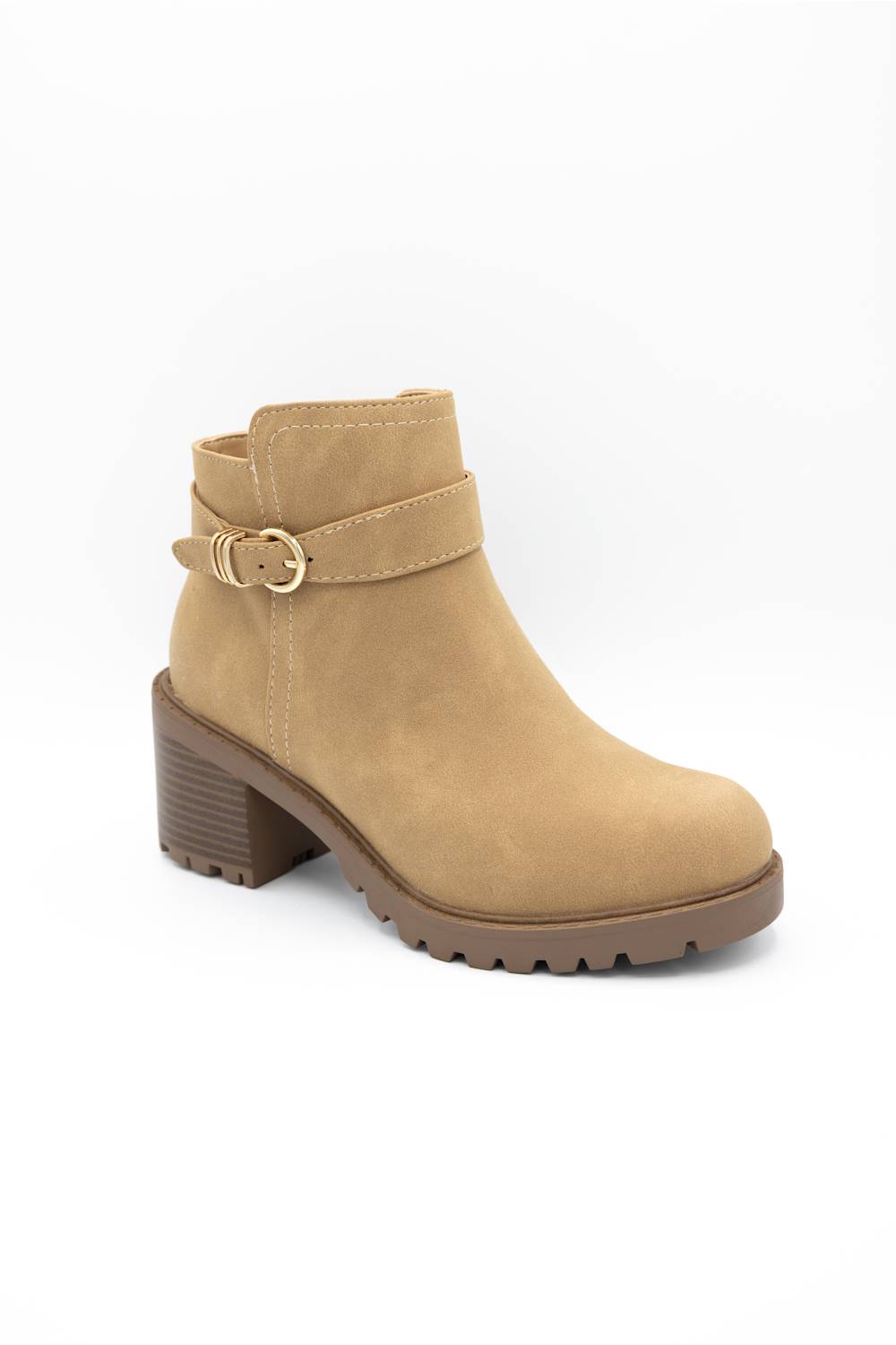 A tan suede ankle boot with a brown block heel, a matching ankle strap with a gold buckle, and a lug sole, shown against a plain white background.