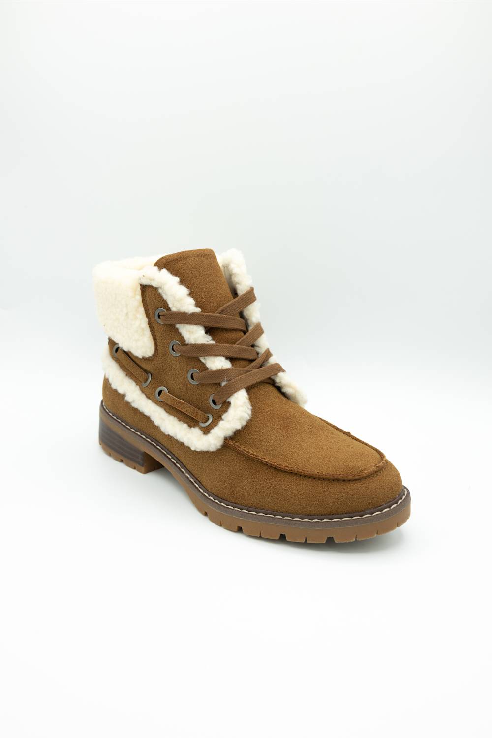 A single brown suede ankle boot with a white shearling-style collar, brown laces, and a brown sole, photographed on a clean white studio background.