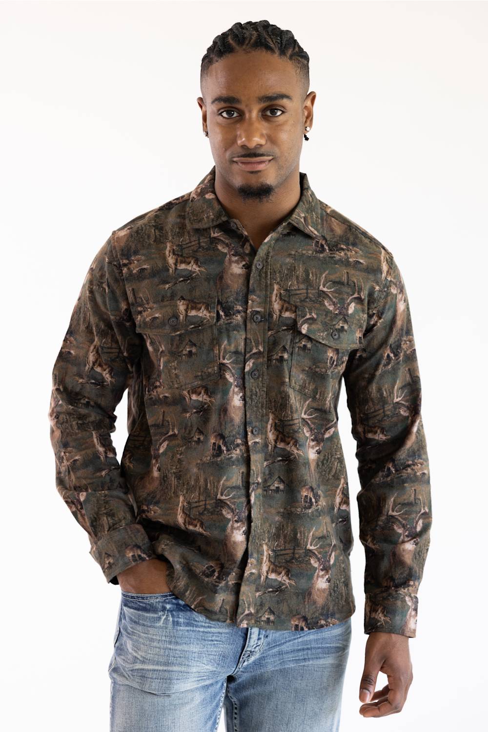 A man wearing a long-sleeve button-up shirt with an all-over camouflage pattern in shades of brown, green, and black, paired with blue jeans, against a plain white background.