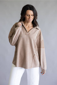 Mineral Wash Oversized French Terry Top for Women in Mocha