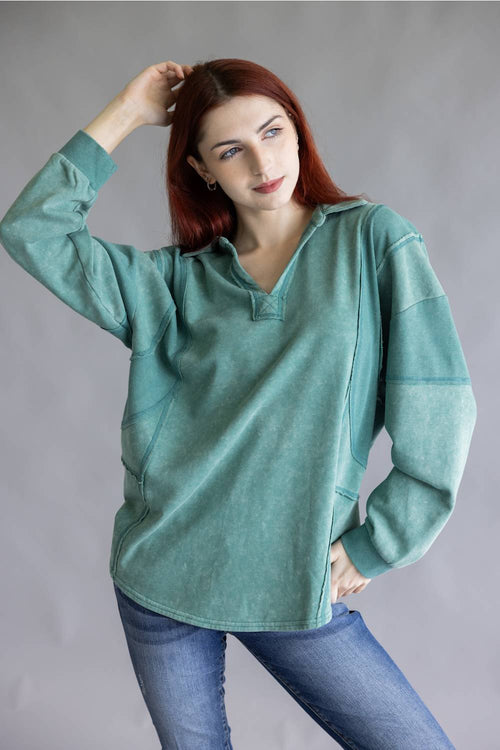 Mineral Wash Oversized French Terry Top for Women in Sage