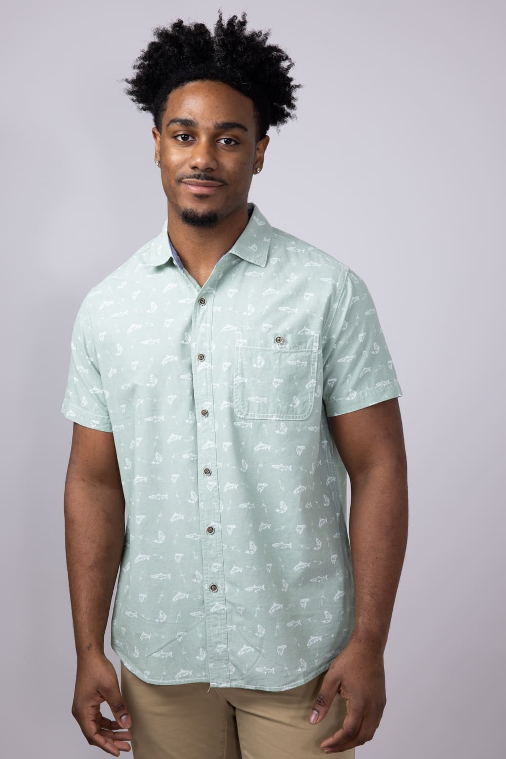 North River Chambray Fish Print Button Shirt for Men in Basil