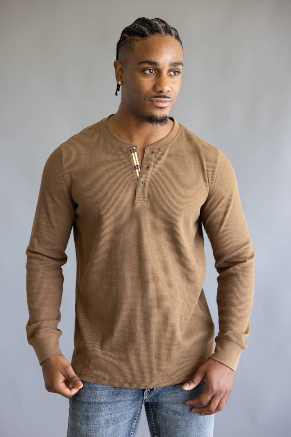 North River Waffle Henley Shirt for Men in Barn Heather