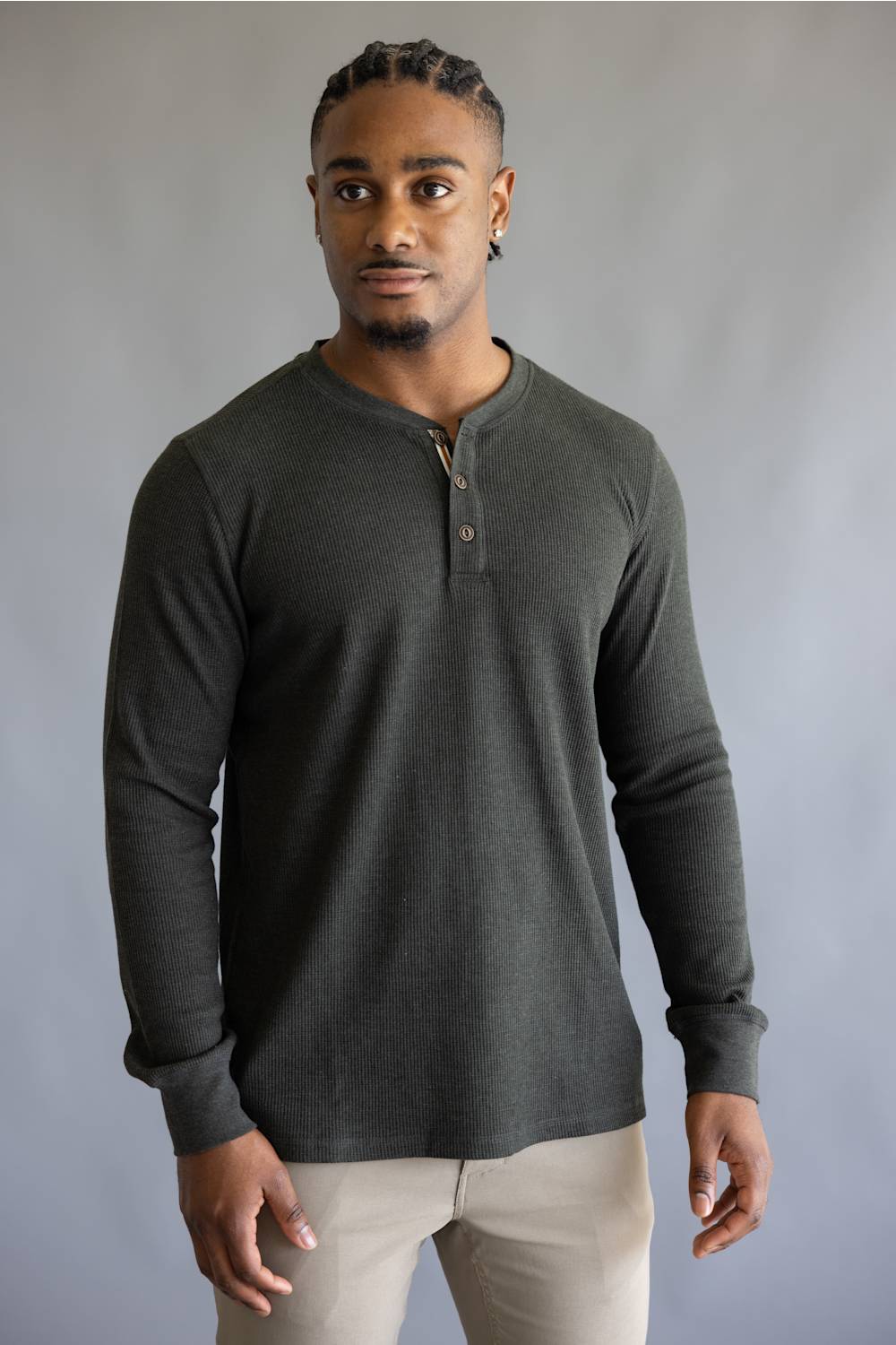 North River Waffle Henley Shirt for Men in Olive Heather