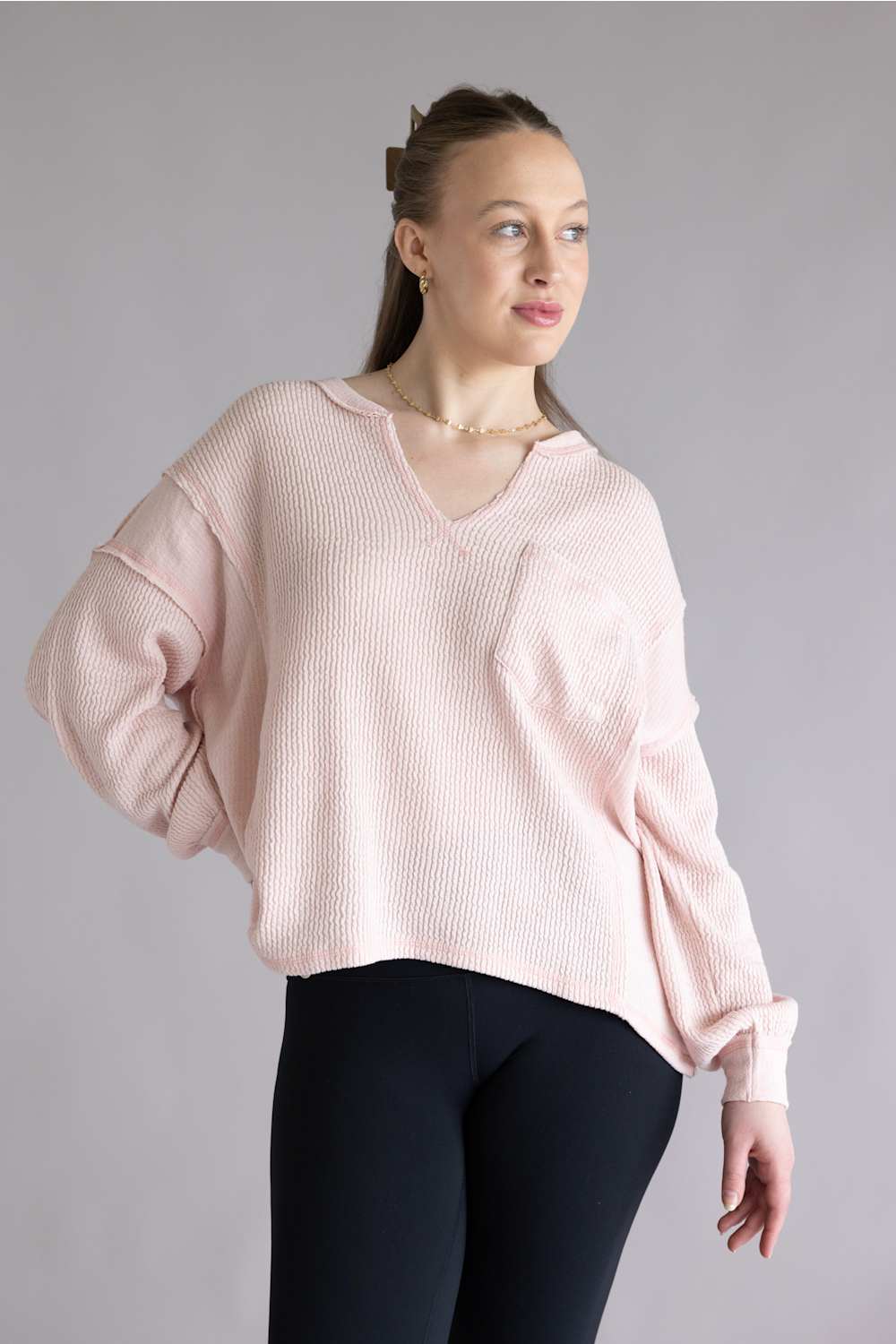 Blue Pepper Notched V Neck Knit Top Light Pink