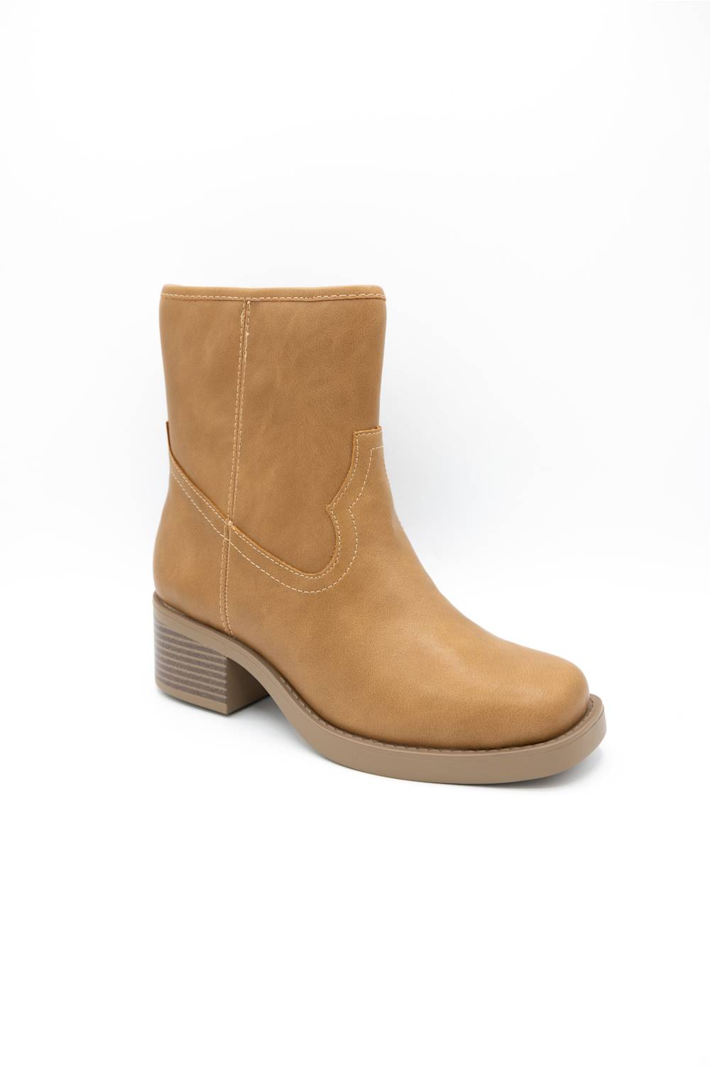 A tan faux-leather ankle boot with a chunky block heel, shown from a side profile on a white background.