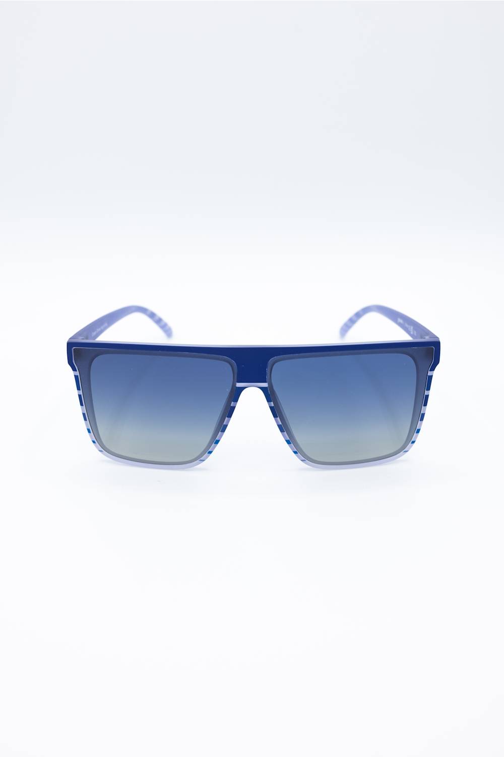 Blue oversized shield sunglasses with gradient blue lenses, shown from the front on a white background.
