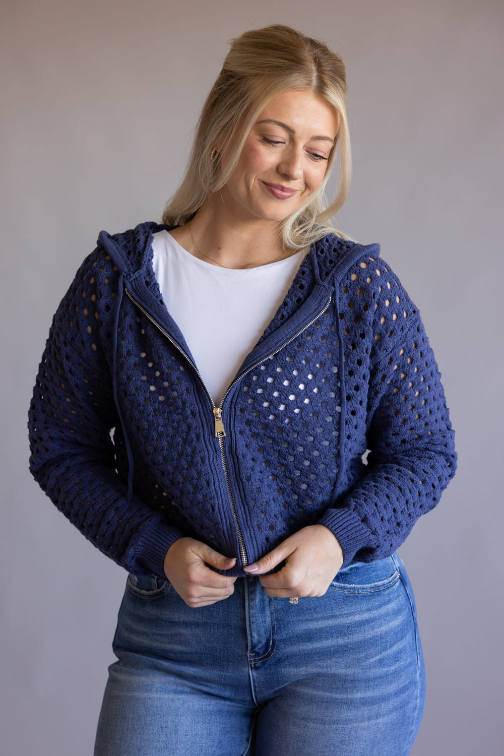 Elan Open Knit Full Zip Hooded Cardigan for Women in Navy