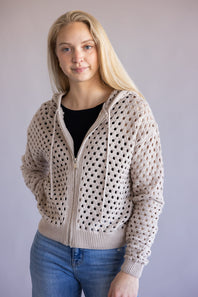 Elan Open Knit Full Zip Hooded Cardigan for Women in Taupe