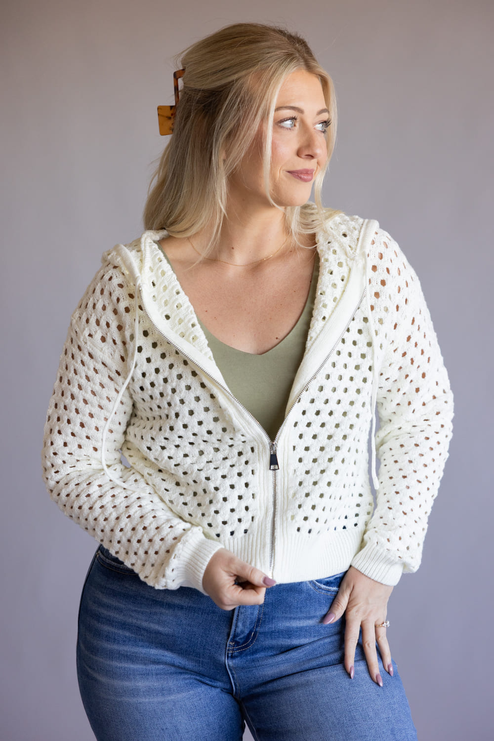Elan Open Knit Full Zip Hooded Cardigan for Women in Off White