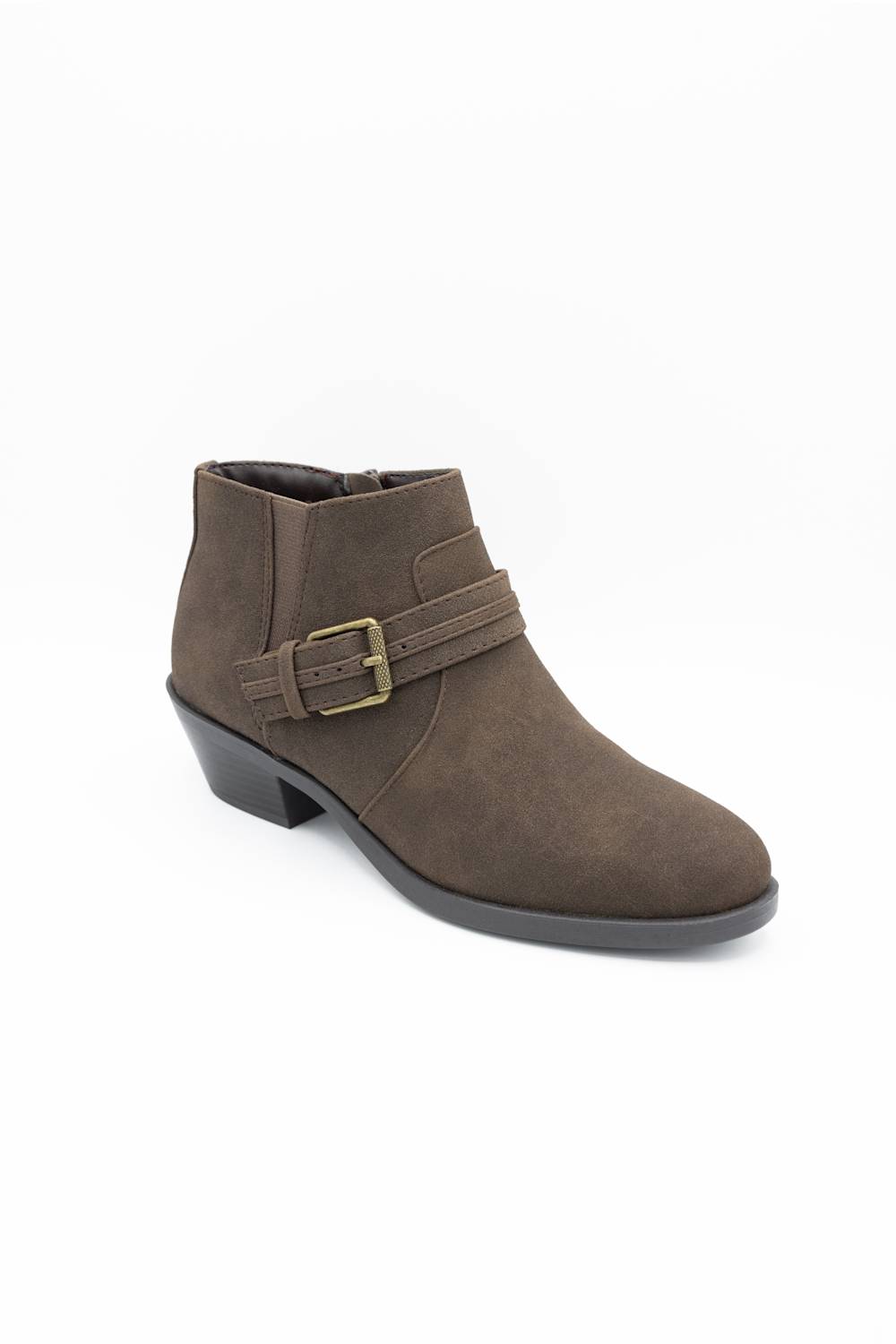 A single women's ankle boot in dark brown suede, featuring a matching brown strap across the instep with a gold-tone buckle, set against a plain white background.