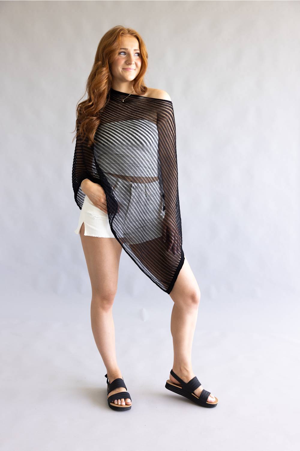 Off the Shoulder Poncho Top for Women in Black