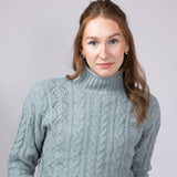 Mock Neck Cable Pointelle Sweater for Women in Jade Grey