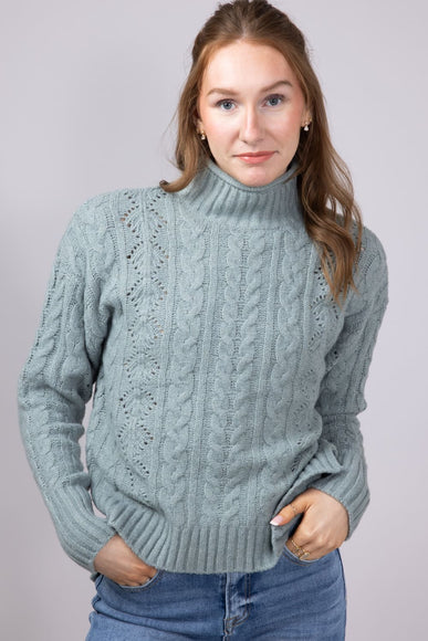 Mock Neck Cable Pointelle Sweater for Women in Jade Grey