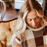 Olivaceous Checkered Colorblock Sweater Vest for Women in Brown