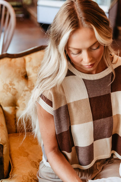 Olivaceous Checkered Colorblock Sweater Vest for Women in Brown