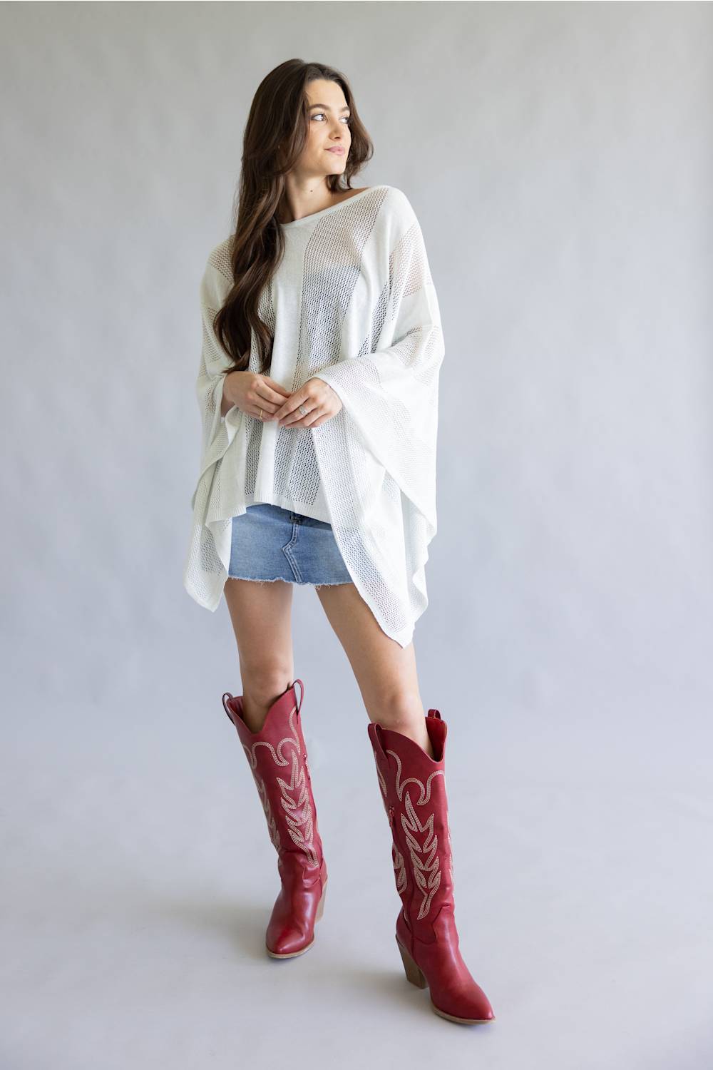 Open Knit Poncho for Women in Ivory