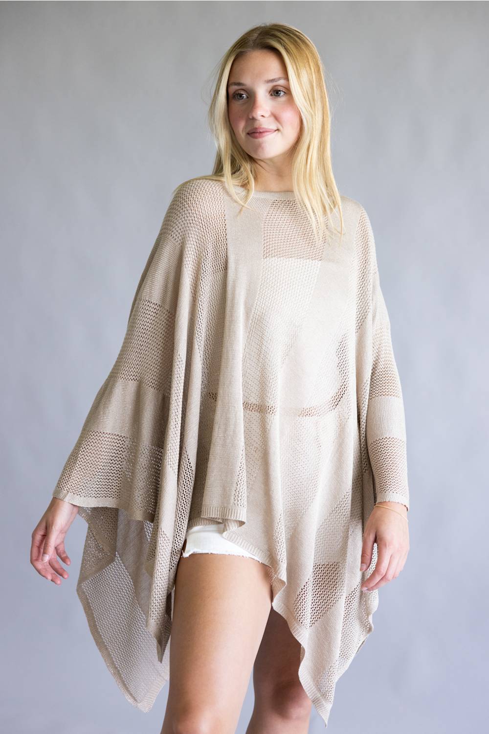 Open Knit Poncho for Women in Taupe