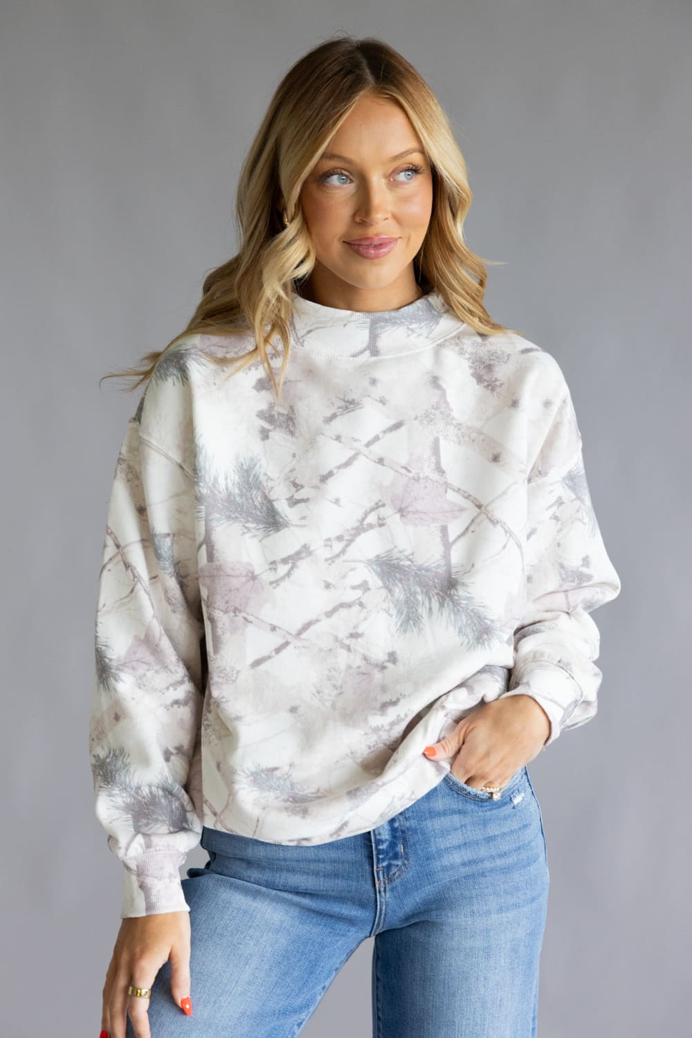 Oversized Camo Mock Neck Sweatshirt for Women in Pink Camo