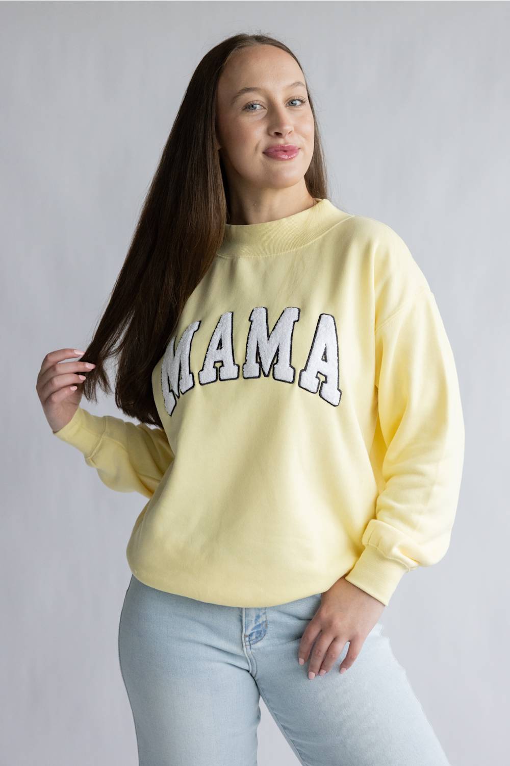 Oversized Mama Mock Neck Fleece Sweatshirt for Women in Light Yellow