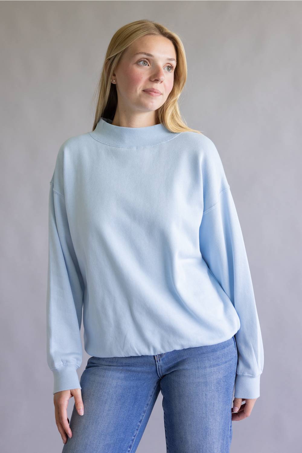 Oversized Mock Neck Fleece Pullover for Women in Baby Blue