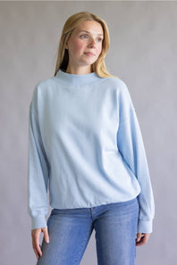 Oversized Mock Neck Fleece Pullover for Women in Baby Blue