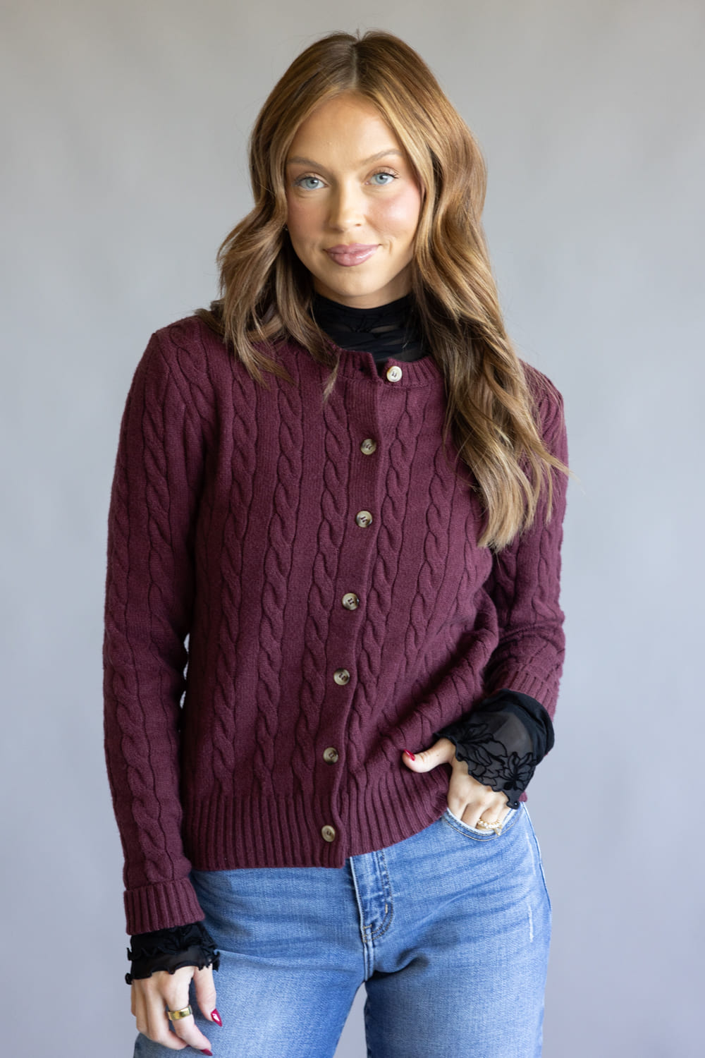Button Front Cable Cardigan for Women in Port Wine