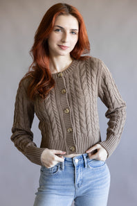 Button Front Cable Cardigan for Women in Portabella