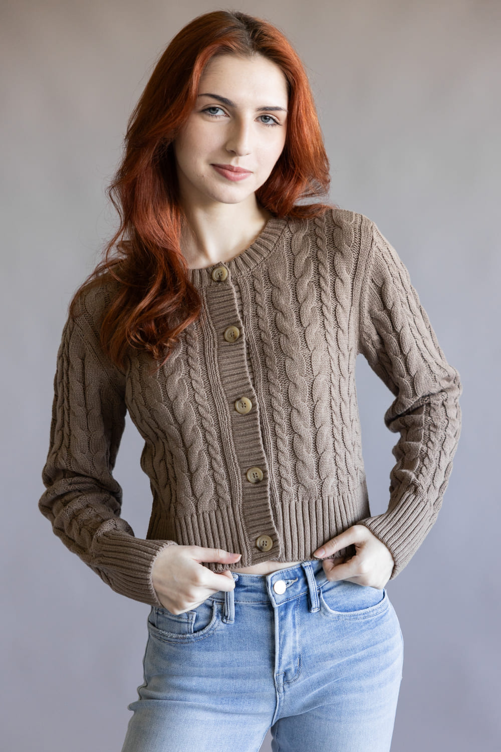 Button Front Cable Cardigan for Women in Portabella