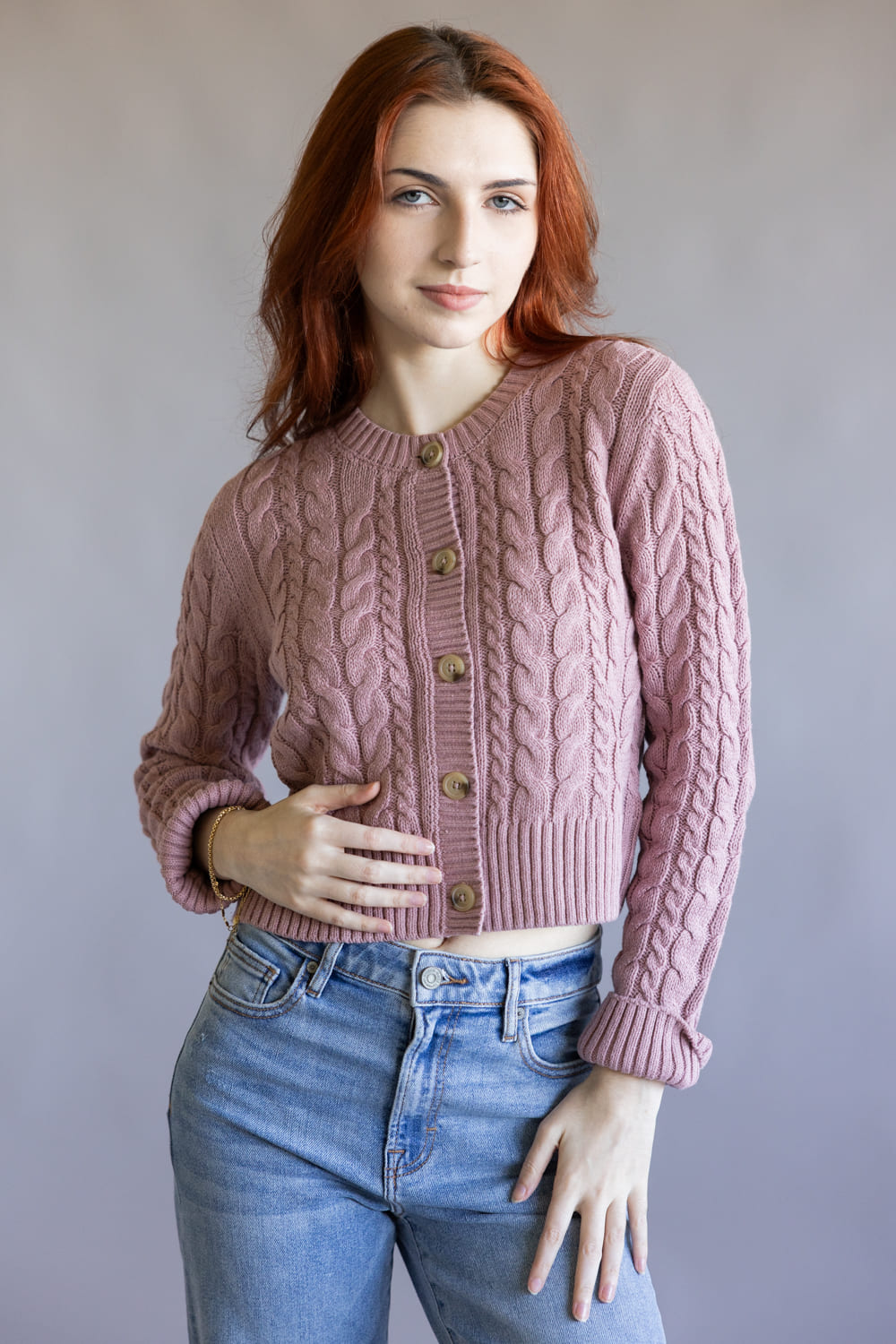 Button Front Cable Cardigan for Women in Faded Mauve