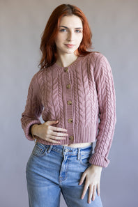 Button Front Cable Cardigan for Women in Faded Mauve