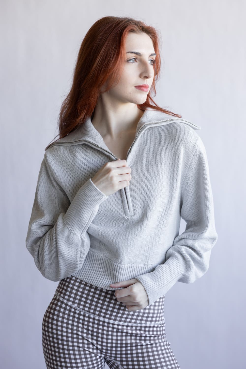 Quarter Zip Crop Sweater for Women in Grey