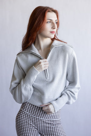 Quarter Zip Crop Sweater for Women in White Heather Grey