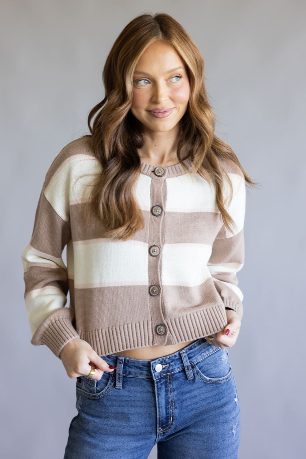 Button Front Stripe Cable Cardigan for Women in Mocha White