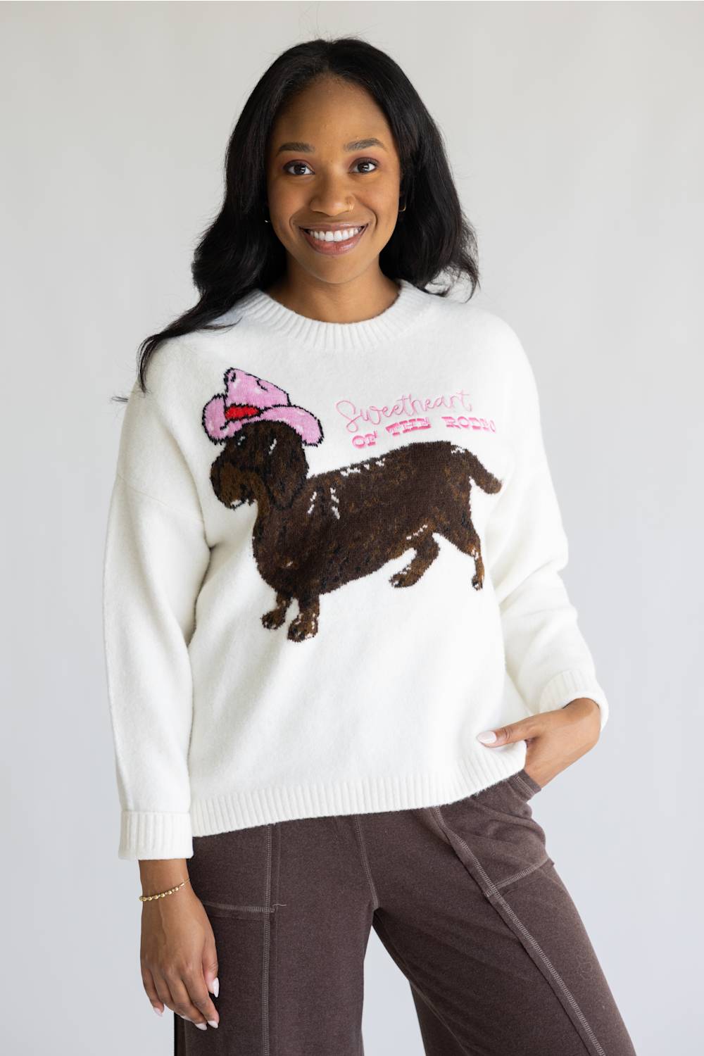 Simply Southern Pawsome Dachshund Crewneck Sweater for Women in Cream | PP-0226-CRW-PAW-WHITE