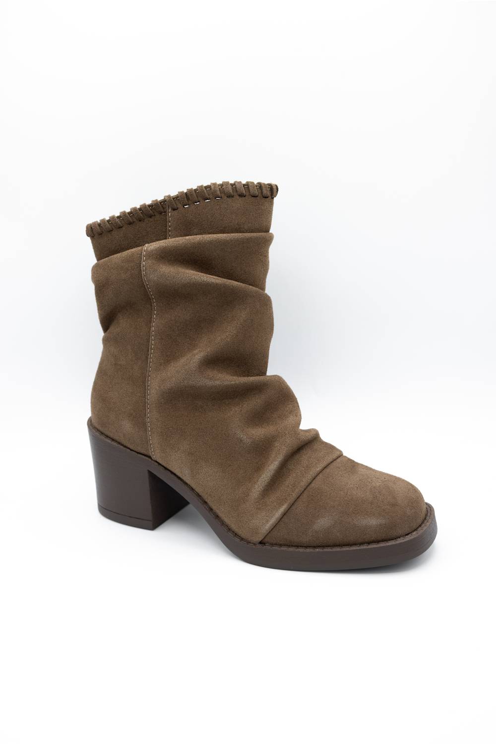 A single brown suede ankle boot with a low block heel and a decorative scalloped edge around the collar, shown against a plain white background.