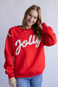 Jolly Embroidered Sweatshirt for Women in Red
