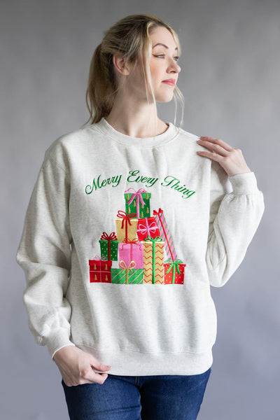 Merry Everything Christmas Embroidered Sweatshirt for Women in Heather Gray