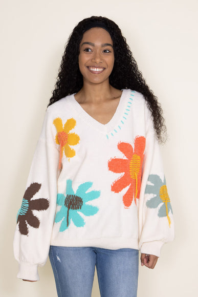 POL V-Neck Multi Flower Sweater for Women in Ivory