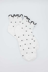 Polka Dot Ruffled Crew Socks for Women in White