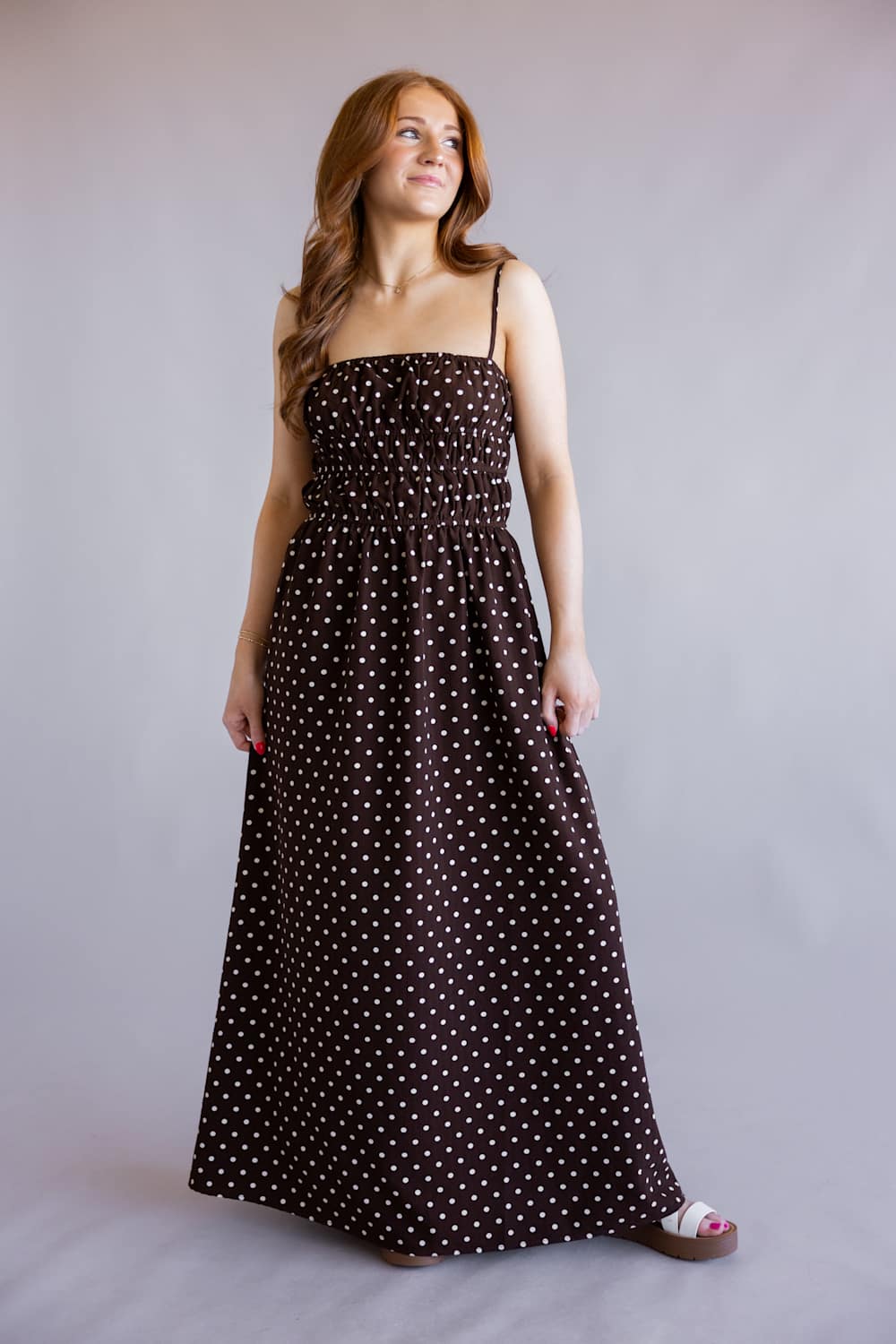 ACOA Polka Dot Midi Dress for Women in Brown