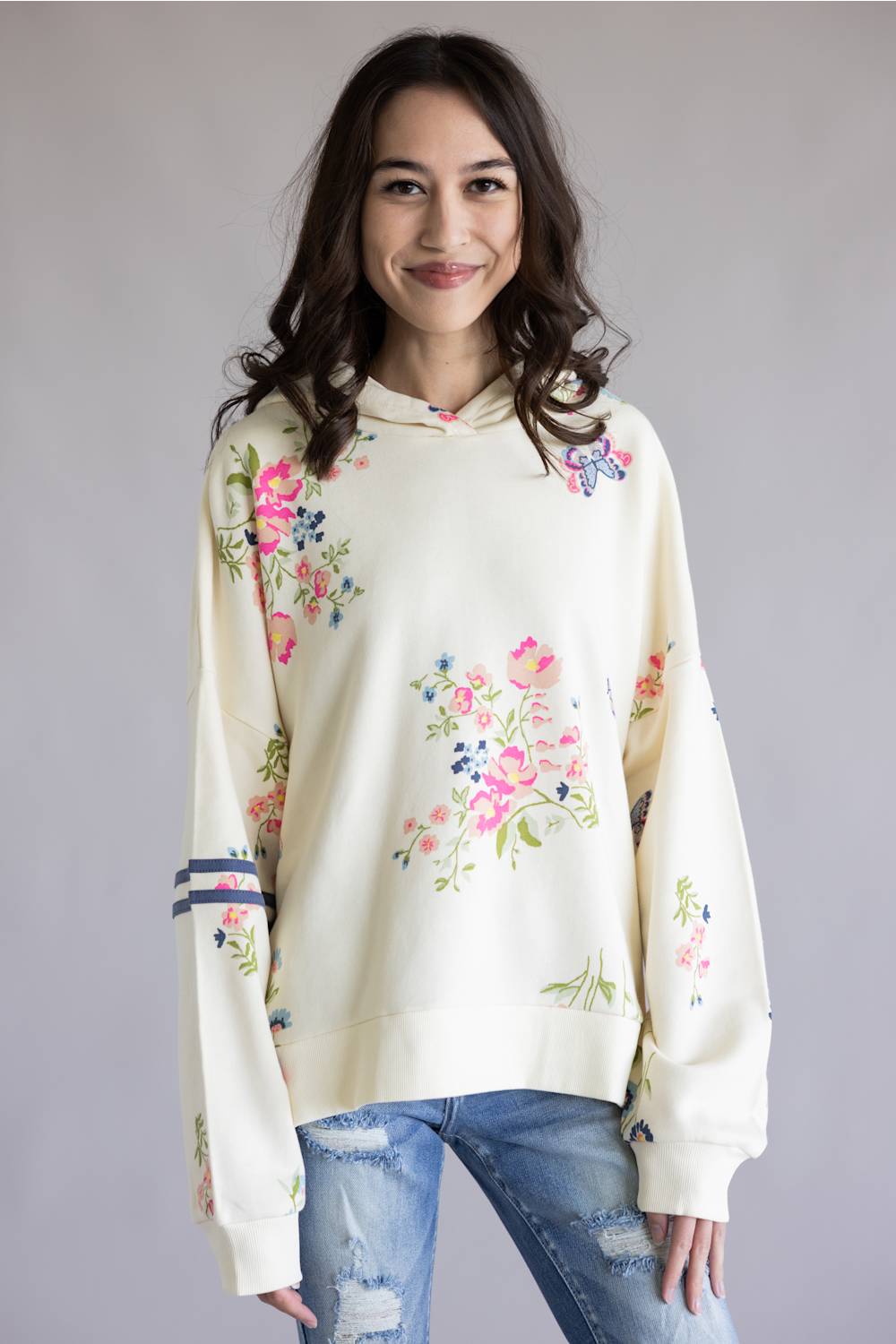 Simply Southern Relaxed Floral Hoodie for Women in Cream